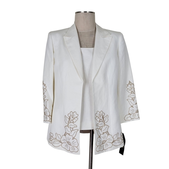 Kasper 3 Piece Pant Suit Size 10 White Khaki Embrodered Blazer Linen Blend New - Picture 2 of 14